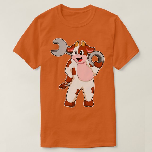 Cow As Mechanic With Wrench  T-Shirt (Design Front)