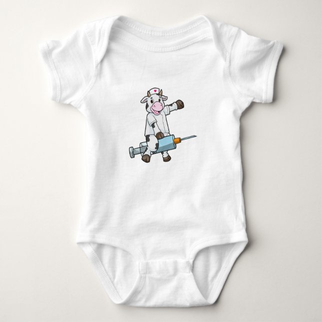 Cow as Nurse with Heart & Syringe Baby Bodysuit (Front)