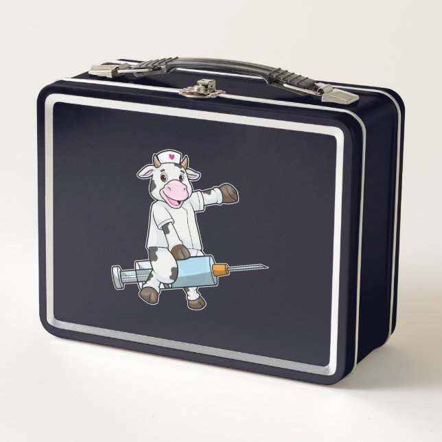 Cow as Nurse with Heart & Syringe Metal Lunch Box (Front)