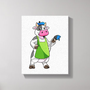Cow as Painter with Paint & Apron Canvas Print
