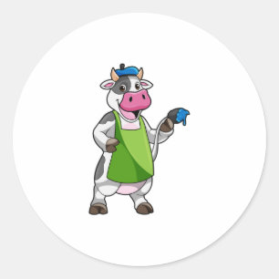 Cow as Painter with Paint & Apron Classic Round Sticker