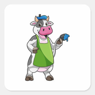 Cow as Painter with Paint & Apron Square Sticker