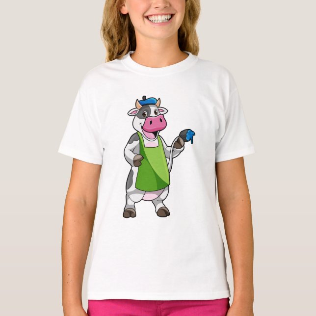 Cow as Painter with Paint & Apron T-Shirt (Front)