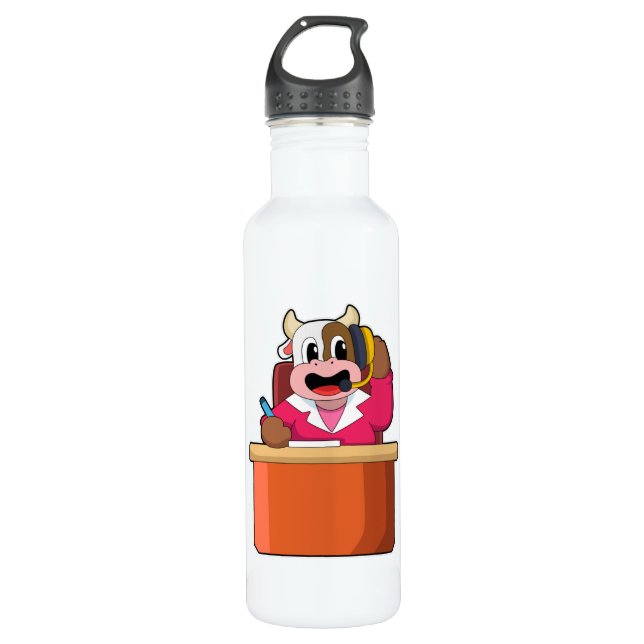 Cow as Secretary with Table 710 Ml Water Bottle (Front)