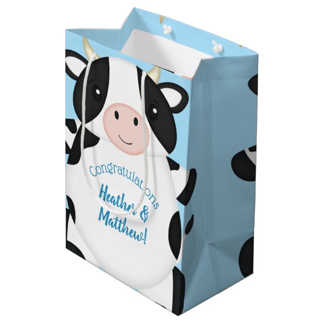 Cow Baby Shower Blue Medium Gift Bag (Back Angled)