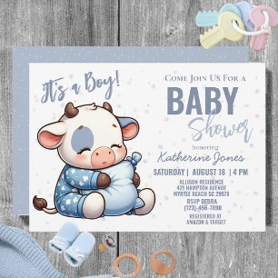 Cow Baby Shower Dusty Blue Boy Farm Invitation