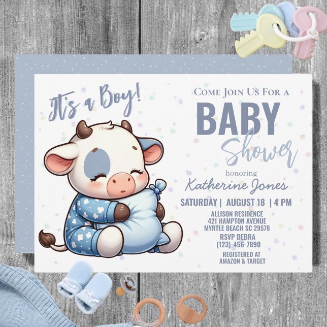 Cow Baby Shower Dusty Blue Boy Farm Invitation (Creator Uploaded)