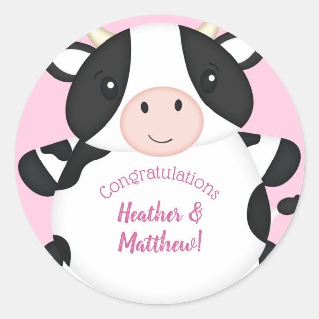 Cow Baby Shower Farm Pink Girl Classic Round Sticker (Front)