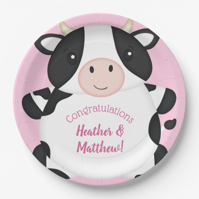 Cow Baby Shower Farm Pink Girl Paper Plate (Front)