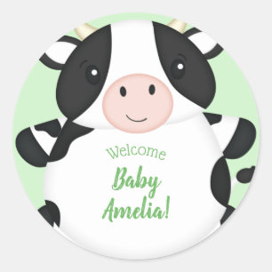 Cow Baby Shower Green Classic Round Sticker