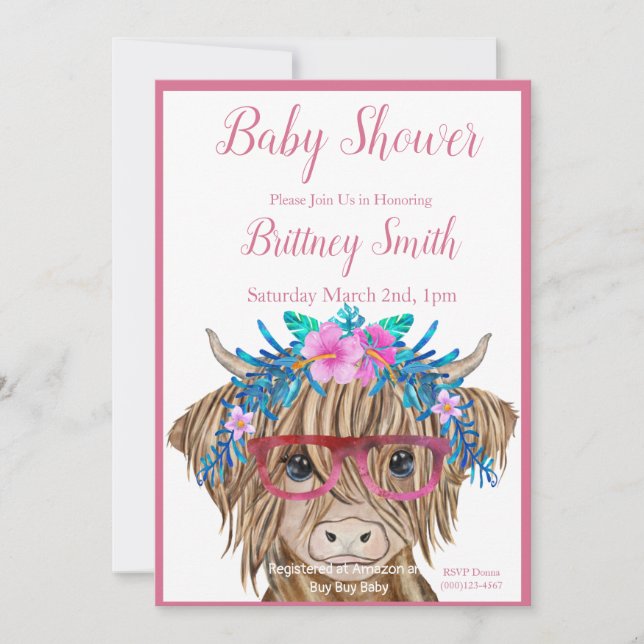 Cow Baby Shower Invitation, Highland Cow, Girl  Holiday Card (Front)