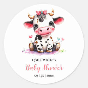 Cow Baby Shower Minimalist Pink Girl baby shower Classic Round Sticker