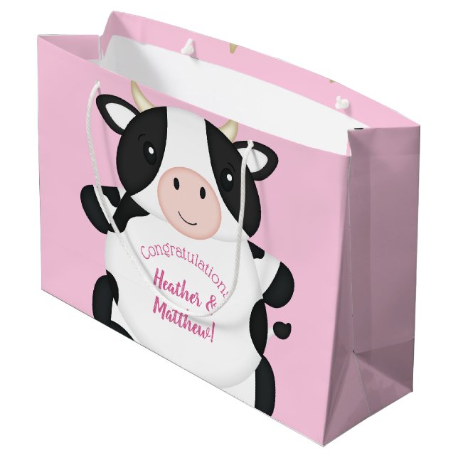Cow Baby Shower Pink Large Gift Bag (Back Angled)
