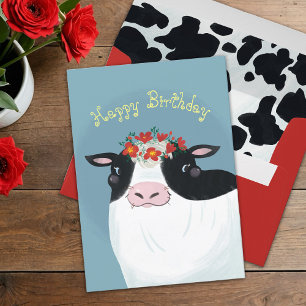 Cow Birthday Card Dairy Cow and Red Flowers