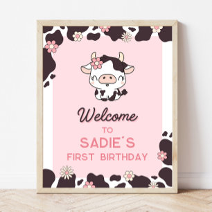 Cow Birthday Floral Pink Welcome Sign