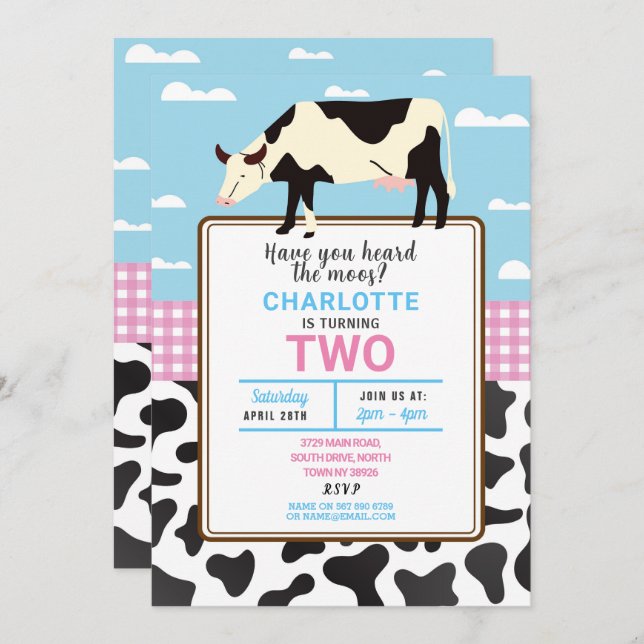 Cow Birthday Invite Two 2nd Holy Cow Party Invite (Front/Back)