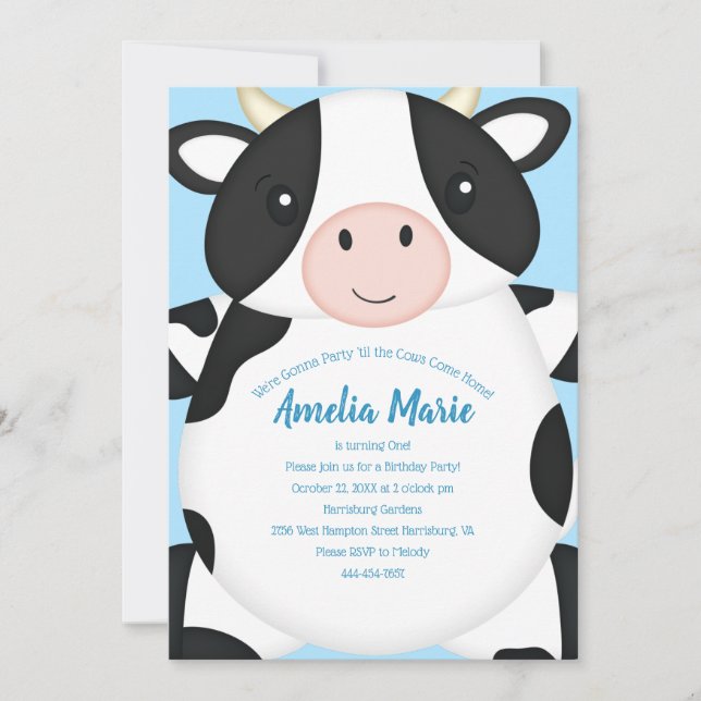 Cow Birthday Party Blue Invitation (Front)