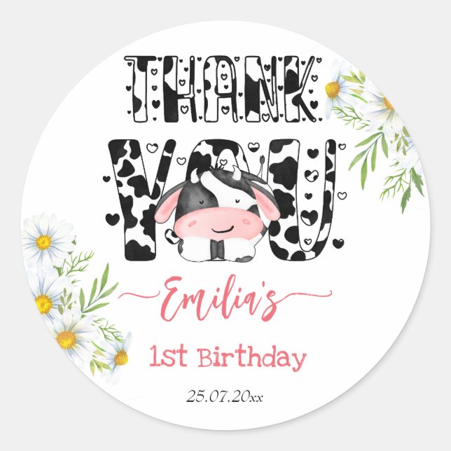 Cow birthday party cow pattern daisy thank you  classic round sticker (Front)