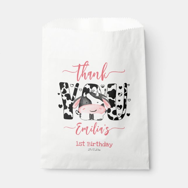 Cow birthday party cow pattern pink thank you  favour bags (Front)