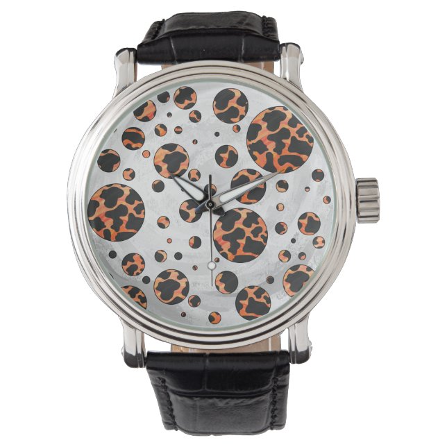 Cow Black and Orange Polka Dot Print Watch (Front)