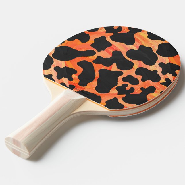 Cow Black and Orange Print Ping Pong Paddle (Front Angle)