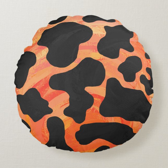 Cow Black and Orange Print Round Cushion (Front)
