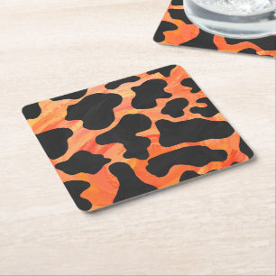 Cow Black and Orange Print Square Paper Coaster