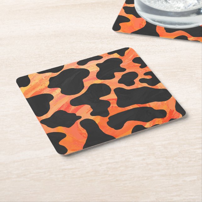 Cow Black and Orange Print Square Paper Coaster (Angled)