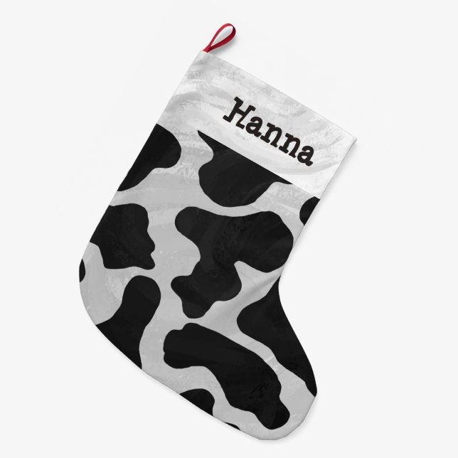 Cow Black and White Print Large Christmas Stocking (Front (Hanging))