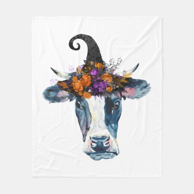Cow Black White Halloween Witch Fleece Blanket (Front)
