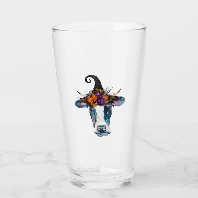 Cow Black White Halloween Witch Glass (Front)