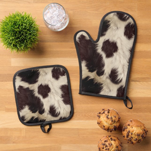 Cow Black White Spots Fur Oven Mitt & Pot Holder Set (Top Down)