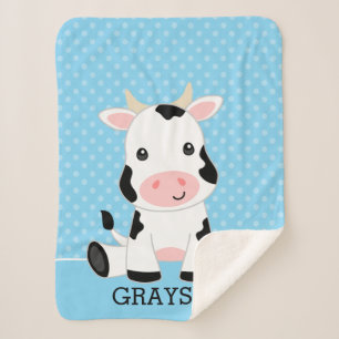 Cow Blue Polka Dot Personalised Boy Sherpa Blanket