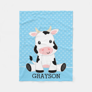 Cow Blue Polka Dot Personalized Boy Fleece Blanket