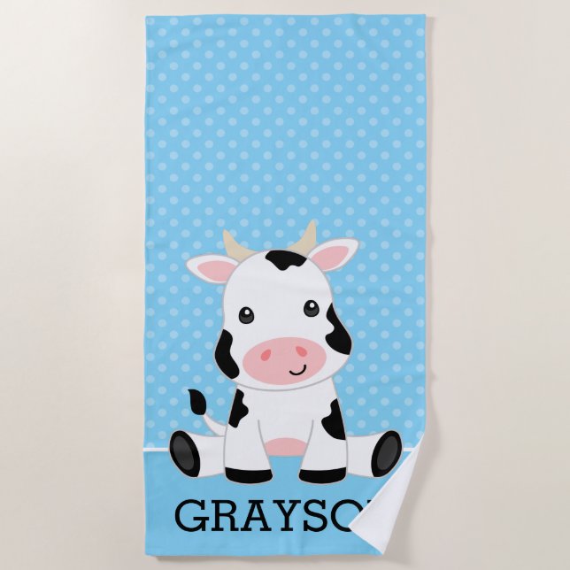 Cow Blue Polka Dot Personalized Kids Beach Towel (Front)