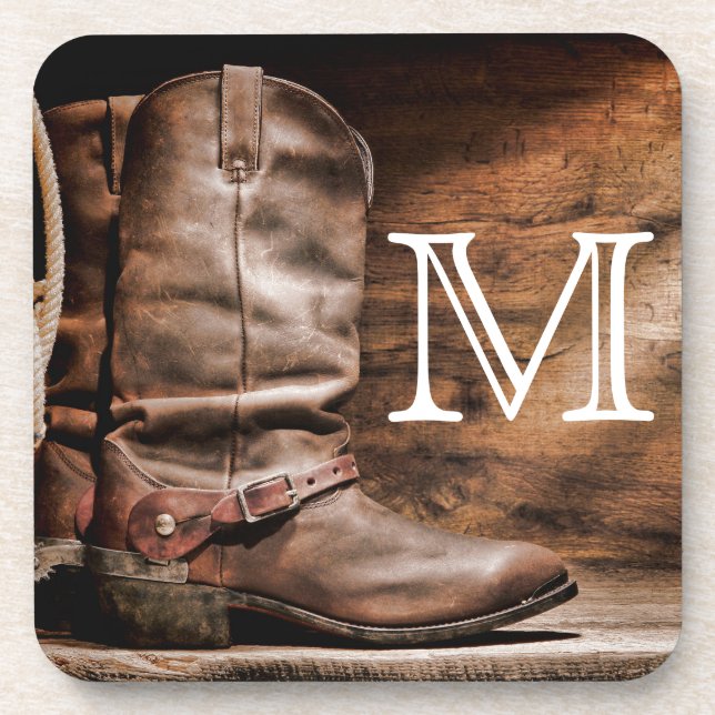 Cow Boy Boots Spur Country Monogram Drink Coaster (Front)