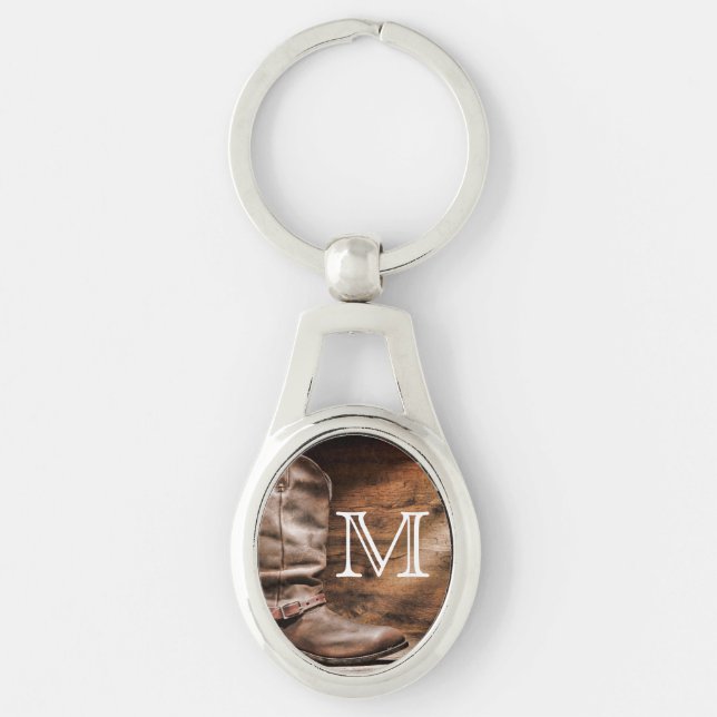 Cow Boy Boots Spur Country Rope Wood Key Chain (Front)