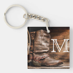 Cow Boy Boots Spur Country Rope Wood Key Chain