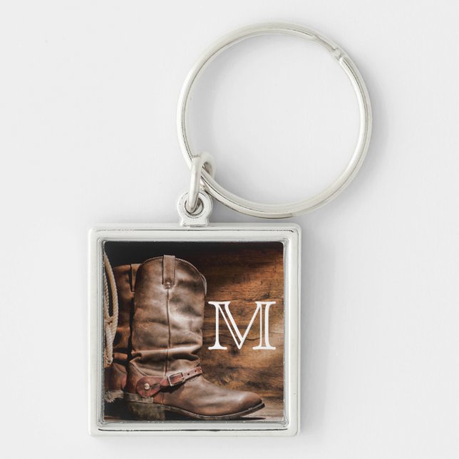 Cow Boy Boots Spur Country Rope Wood Key Chain (Front)