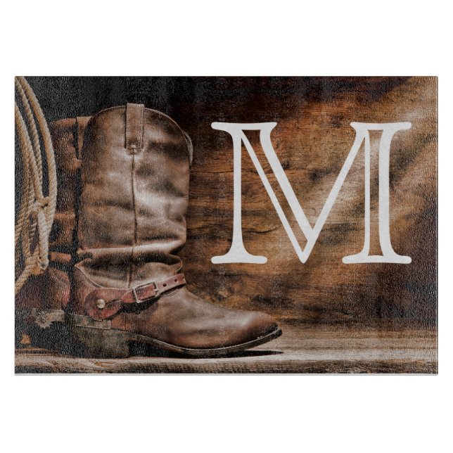 Cow Boy Boots Spur Monogram Glass Cutting Board (Front)