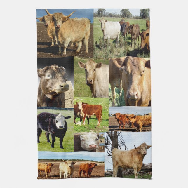 Cow Breeds Photo Collage, Tea Towel (Vertical)