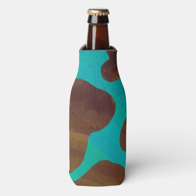 Cow Brown and Teal Print Bottle Cooler (Bottle Front)