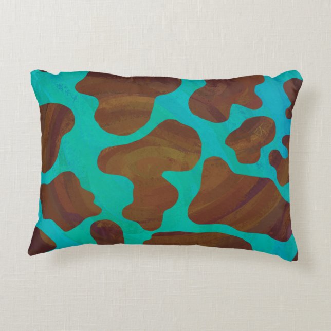 Cow Brown and Teal Print Decorative Cushion (Back)