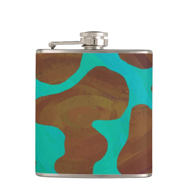 Cow Brown and Teal Print Hip Flask (Front)