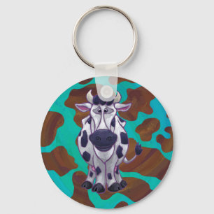 Cow Brown and Teal Print Key Ring