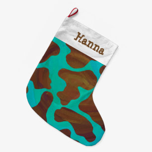 Cow Brown and Teal Print Large Christmas Stocking