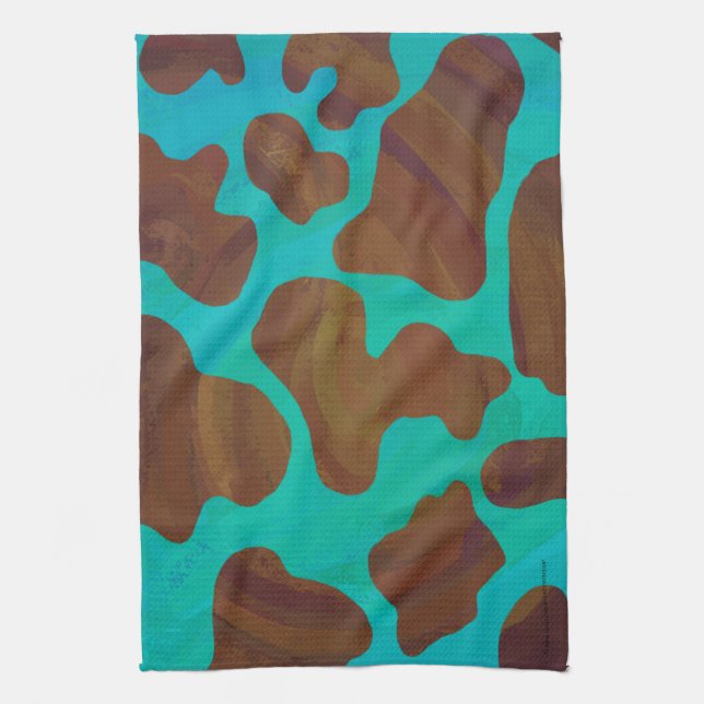 Cow Brown and Teal Print Tea Towel (Vertical)