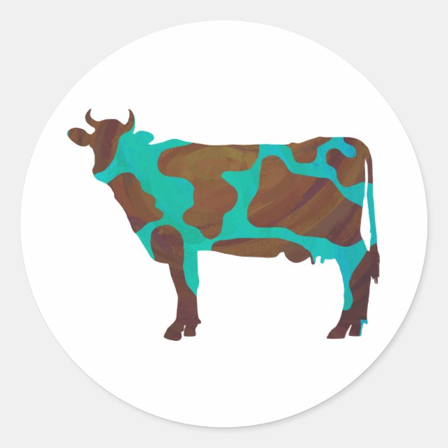 Cow Brown and Teal Silhouette Classic Round Sticker (Front)