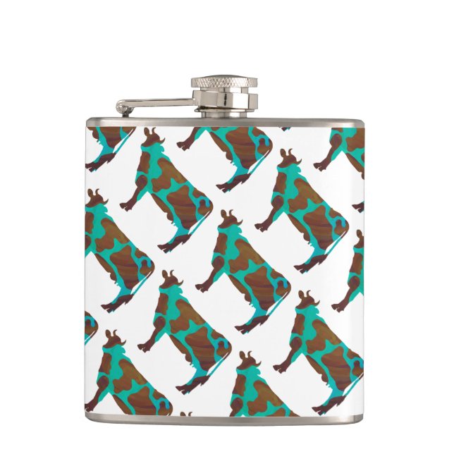 Cow Brown and Teal Silhouette Hip Flask (Front)