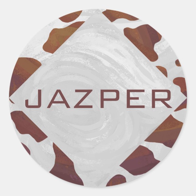 Cow Brown and White Monogram Classic Round Sticker (Front)